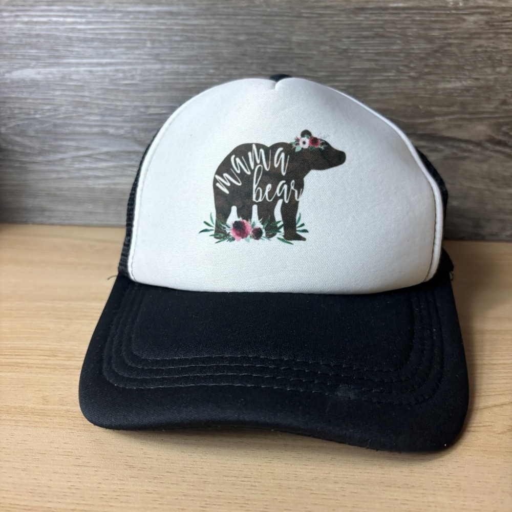 Mama Bear Hat Cap Snap Back Womens White Black Trucker Lightweight Adjustable